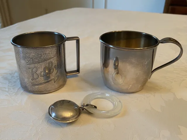LOT Antique 1881 & 1847 ROGERS Sterling Silver Plated Baby Cups + Rattle