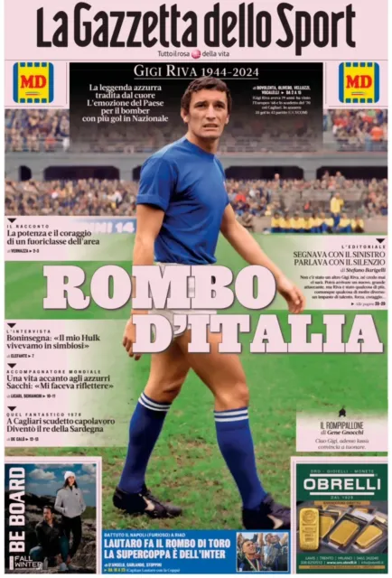 LA GAZZETTA DELLO SPORT 23 Gennaio 2023 GIGI RIVA Cagliari Nazionale Calcio