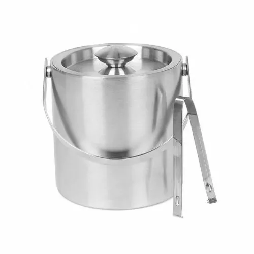Large Double Walled Stainless Steel Insulated Ice Bucket With Tongs Lid 1.8 Ltr