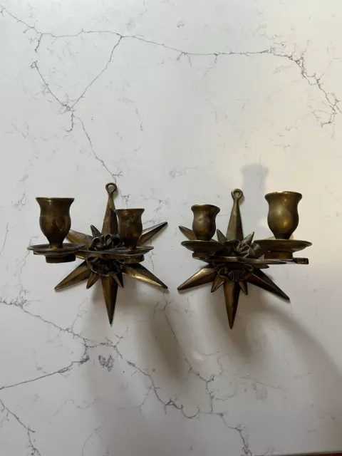 Vintage MCM Brass Wall sconces Candle Holder Pair, Atomic Star Nautical
