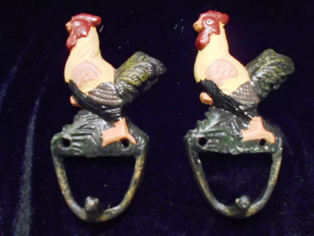 Lot of 2 Cast Iron ROOSTER Hanger Towel Coat Hat Key Rack Hook CHICKEN ROOSTER