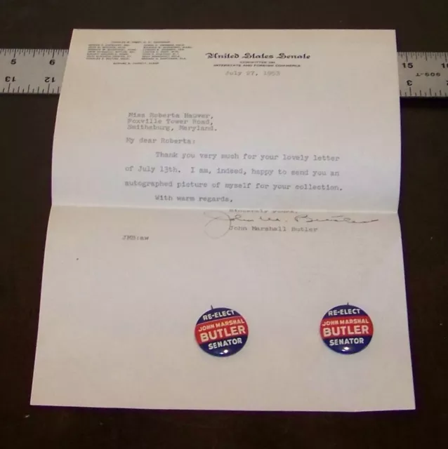 John Marshall Butler Signed Autograph Letter 1950s US Senator Baltimore MD vtg