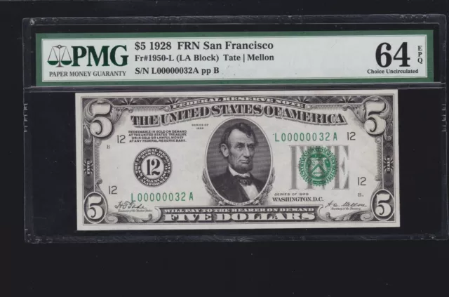 US 1928 $5 FRN San Francisco FR 1950-L  w/ Low Serial #  PMG 64 EPQ (032)