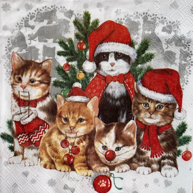 4 x Single Paper Napkins/Decoupage/Craft/Dining/Christmas Cats Kittens  S60