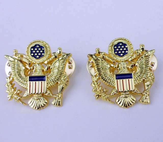 WW2 PAIR US Army Officer Cap Badge Eagle Insignia WWII Gold Lapel