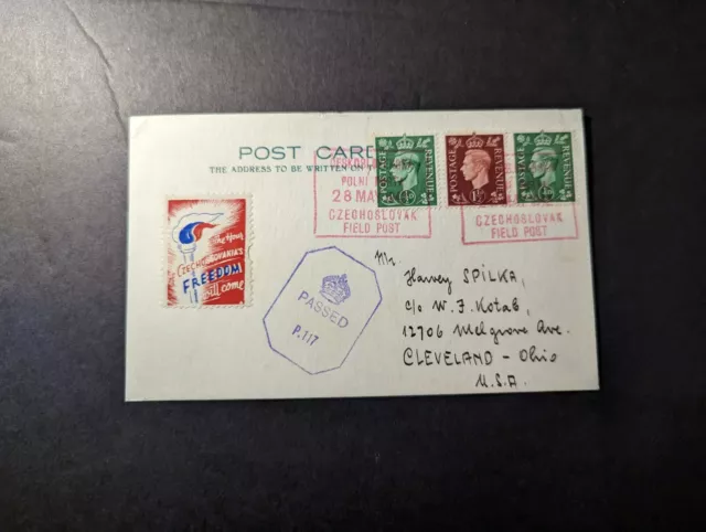 1942 England Cover Czechoslovakia Field Post Office Postcard to Cleveland OH USA