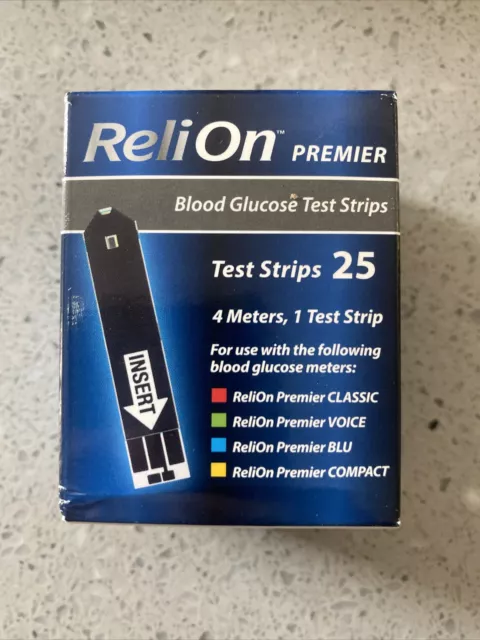 Tiras reactivas de glucosa en sangre ReliOn Premier 25 unidades exp. 5/25/2024 ENVÍO GRATUITO