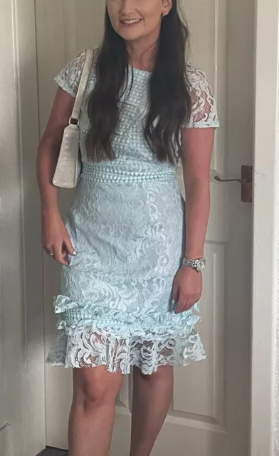Dusty blue floral high neck frill hem shift dress cheap