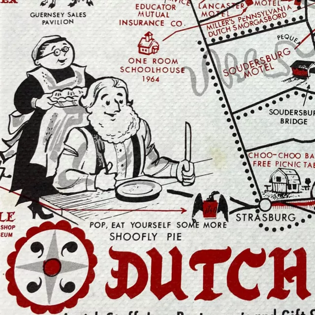 1966 Dutch Haven Barn Restaurant Placemat Map Soudersburg Paradise Amish Country
