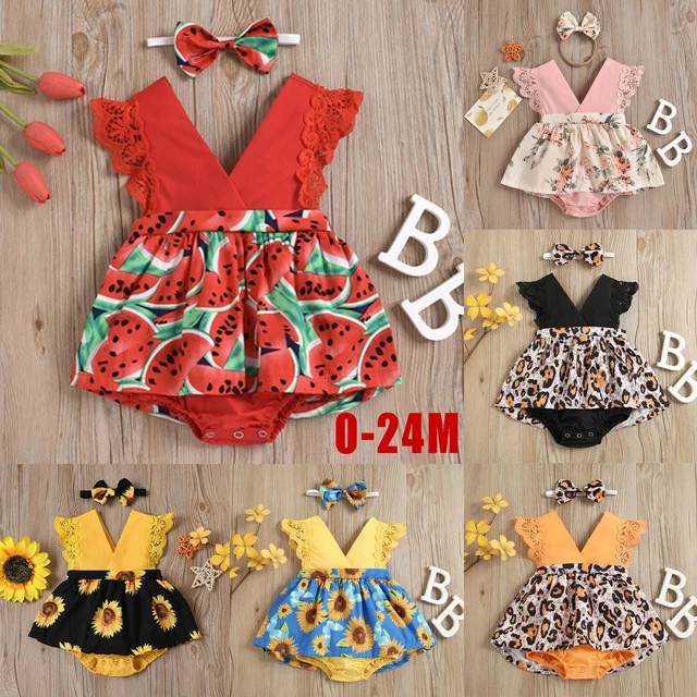 Newborn Baby Girls Sleeveless Printed Romper Jumpsuit+Headband 2PCS Set Outfits
