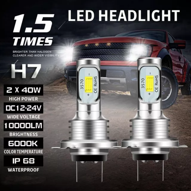 2 Phares H7 LED 80W 10000LM Ampoules 6000K Blanc IP68 Étanche pour Voiture Auto