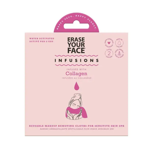 Erase Your Face 2 Reusable Makeup Removing Cloths Infused with Collagen - Pink