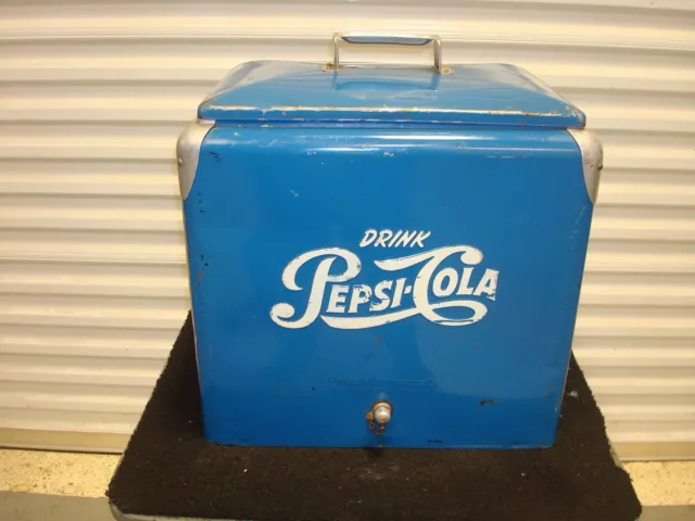 Vintage 1950's PEPSI Blue PEPSI-COLA Picnic Metal Ice Chest Cooler With Tray