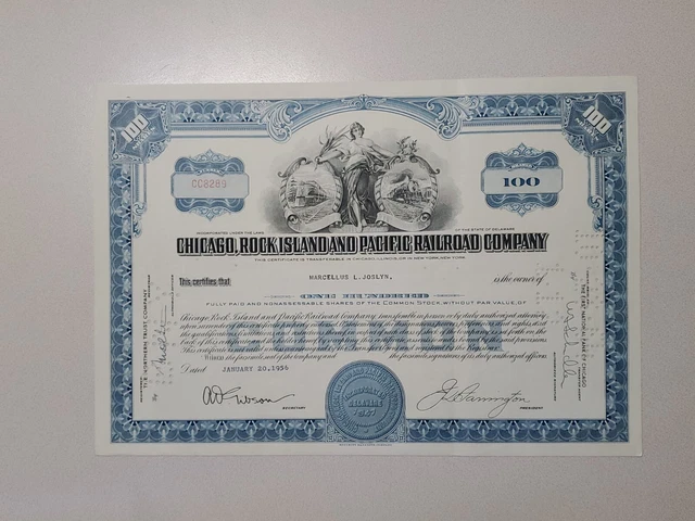 Chicago, Rock Island and Pacific Railroad Cancelled Stock Certificate
