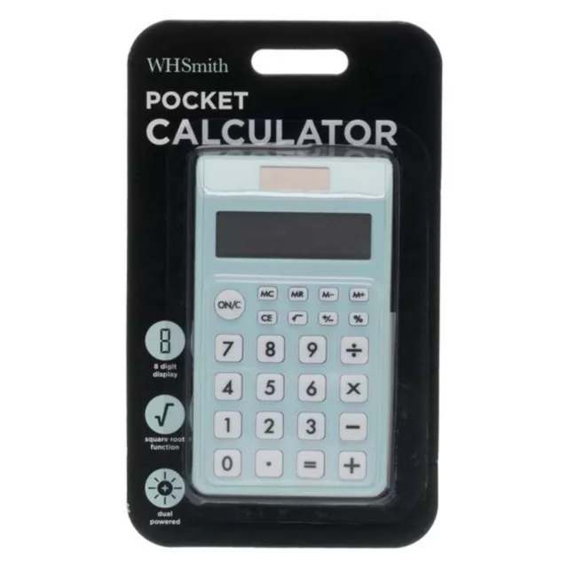 WHSmith Mint Green Pocket Calculator 8 Digit Display With Large White Buttons