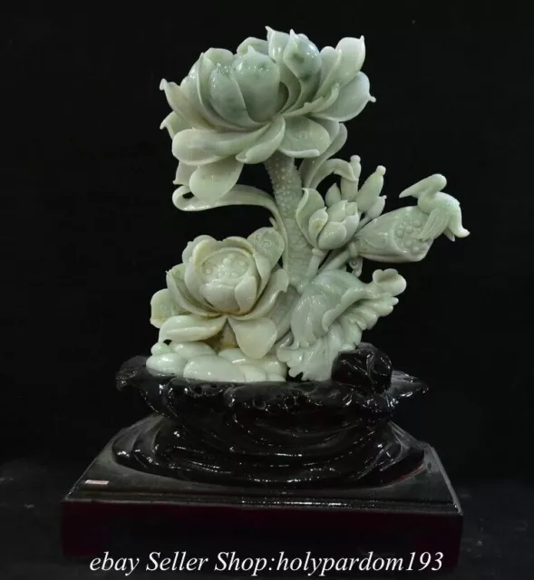 13.2" Old Chinese Natural Emerald Jade jadeite Carved Lotus Crane Statue