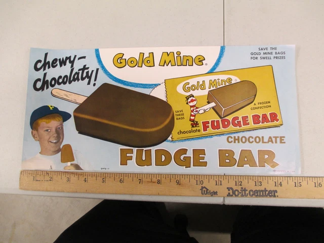 Gold Mine FUDGE BAR 1960s ice cream store display poster sign baseball kid clown