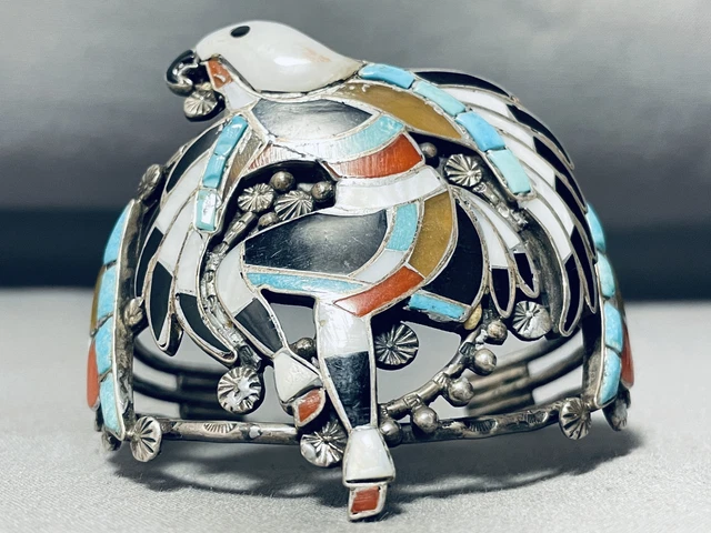 Best Vintage Zuni Eagle Dancer Turquoise Inloay Sterling Silver Bracelet