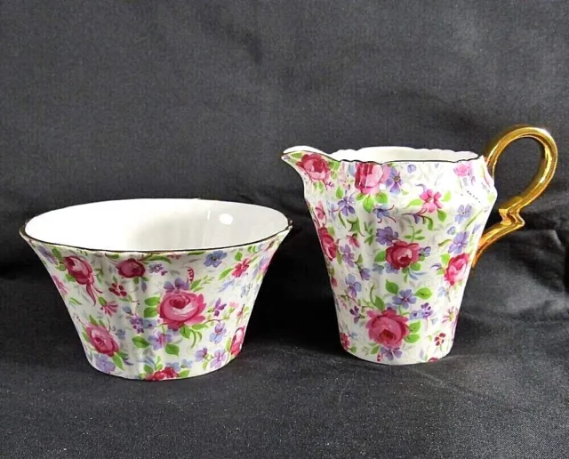 Pink Rose,Lavender Chintz Royal Standard Sugar Bowl & Creamer Set Exc Condition