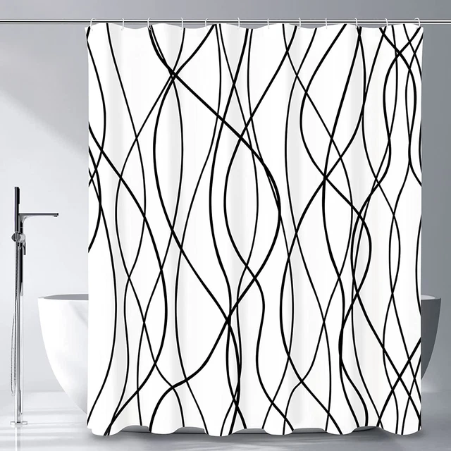 Black and White Striped Shower Curtain, Abstract Modern Minimalist Waterproof Fa