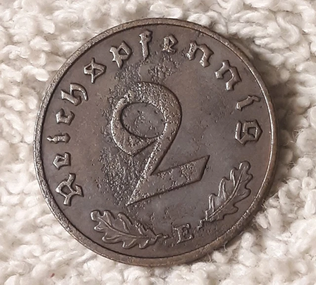 1938 Damaged WW2 German 2 Pfennig Coin, Heavily Circulated Piece from Germany