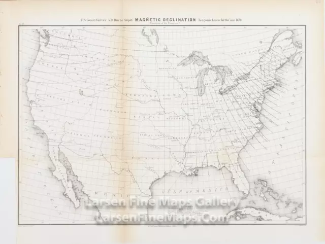 1865 Coast Survey Chart Magnetic Declination of United States for year 1870