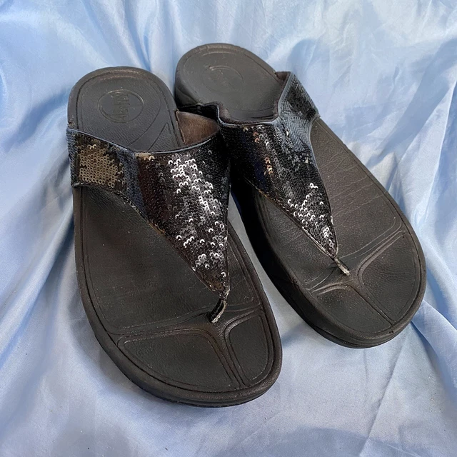 FITFLOP Electra Black Sequin Flip Flop Flat Sandals - Size 8