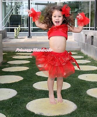 Costume Hot Red Sparkle Sequins Ruffle Top Ballet Tutu Skirt Accessory Set 1-8Y