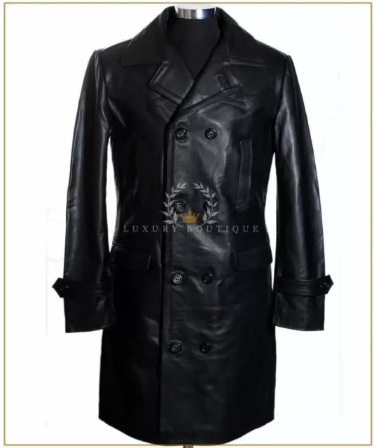 U-BOAT Black Men's WW2 German Kriesgmarine Military Cowhide Leather Long Coat