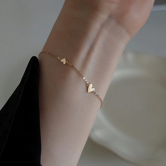 Woman 18K Gold Plated Stainless Steel Cute Heart Charm Bracelet Bangle Polished