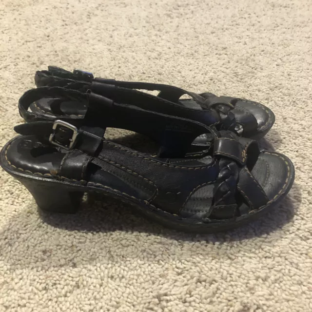 BORN Soft Leather Mid Heel Ankle Strap Sandal Womens Size 9 M W61487 BLACK Z22