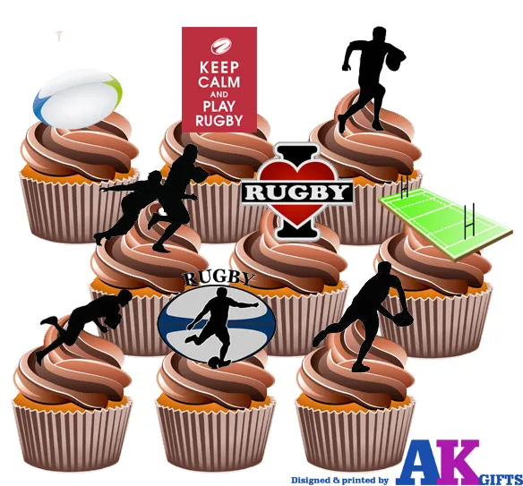 PARTY PACK - 36 X  Rugby Ball Pitch Silhouette Players Mix EDIBLE CAKE TOPPERS