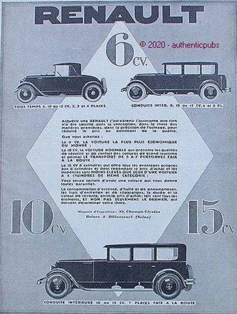 Publicite Automobile Renault 6 Cv 10 Cv 15 Cv Conduite Interieure De 1927 Ad Pub