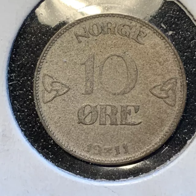 NORWAY 1911 10 ORE SILVER VERY NICE CONDITION - I say UNC! - 3/12