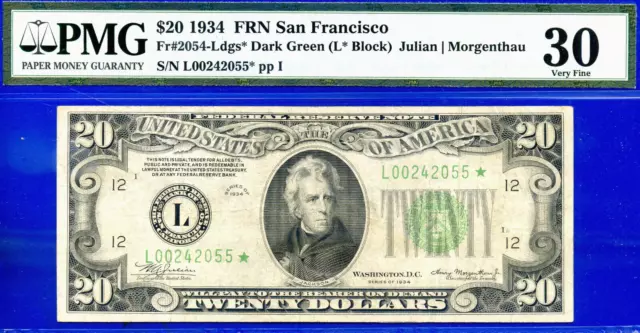 1934 $20 Federal Reserve Note PMG 30 rare 11 known San Francisco star Fr 2054-L*