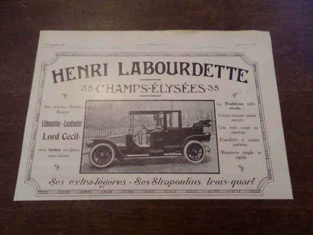 1912 Henri Labourdette Pub Antique Advertisement 29.5 x 20.5 Advert Old Car