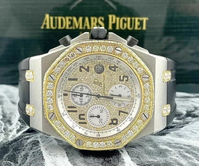 Audemars Piguet Royal Oak Offshore 42mm Chrono Steel Watch Iced Out 7ct Diamonds