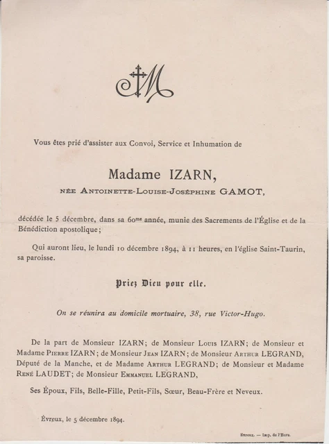 FAIRE PART DECES + Marie Auguste comte d'URSEL et du Saint-Empire