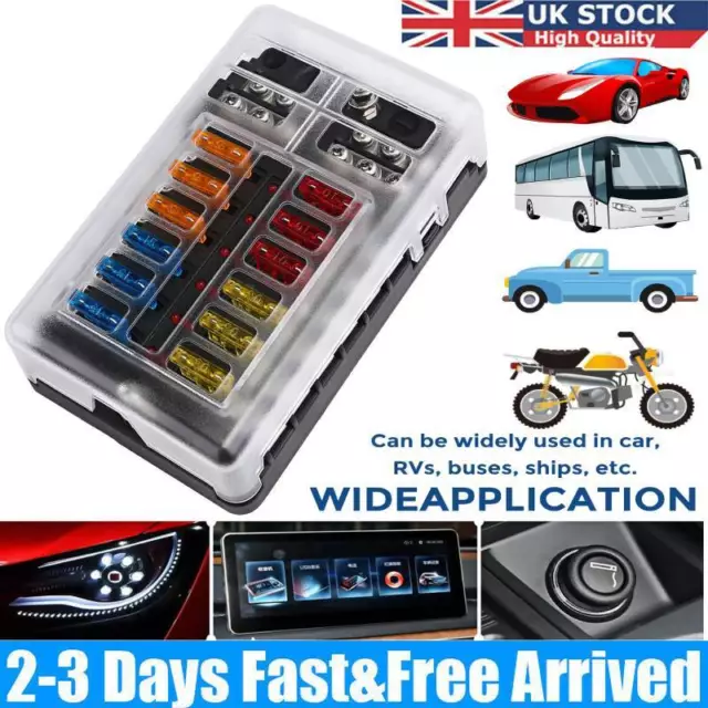 12 Way Blade Fuse Box Block & Auto Marine FuseBox Holder 12V32V Bus Bar Car Kit~