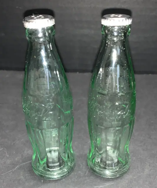 Vintage Miniature Coca-Cola Bottle Salt & Pepper Shakers Green Glass 4-1/2" H