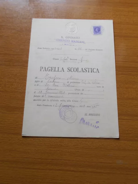 1938 Pagella Antica Classe Prima Ginnasio Roma Marca Da Bollo Old Report Card