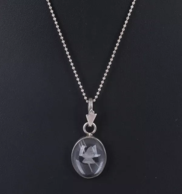 Sterling Silver Etched Design Inside Domed Glass Pendant Chain Necklace 925 5341