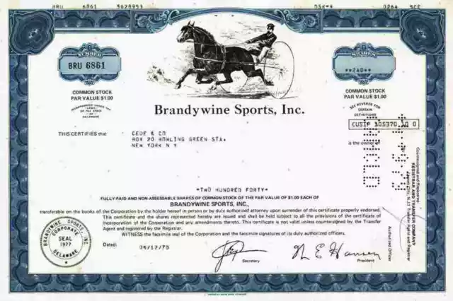 Brandywine Sports Inc. 1978 Wilmington Delaware Horse Racing Pferdesport Sulky