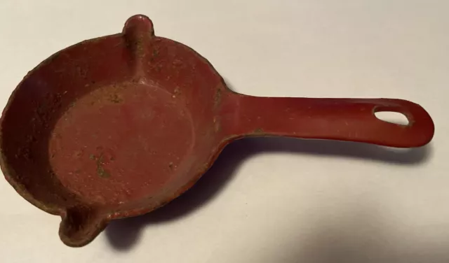 Vintage Miniature Red Enamel Over Cast Iron Skillet Frying Pan Ashtray