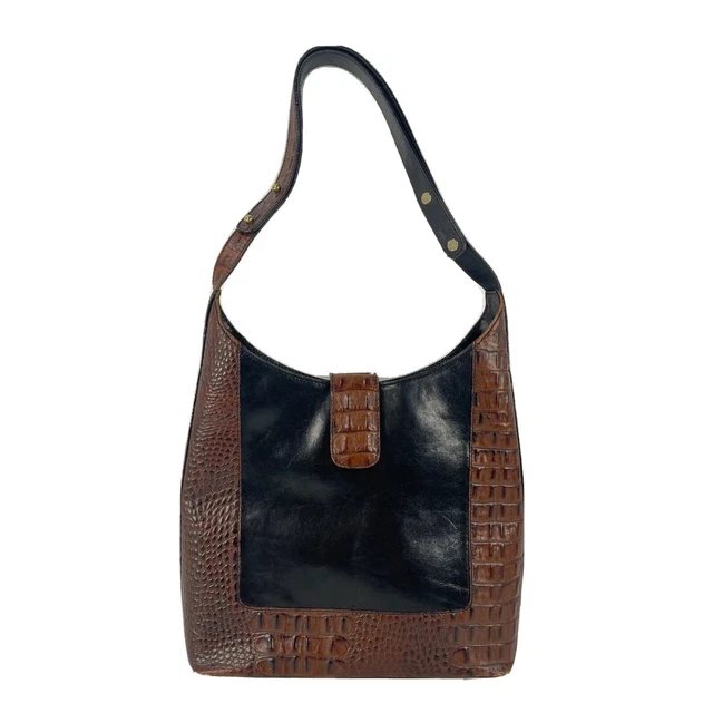 Brahmin Kendall Brown Croc Embossed Trim & Black Leather Shoulder Bag Purse
