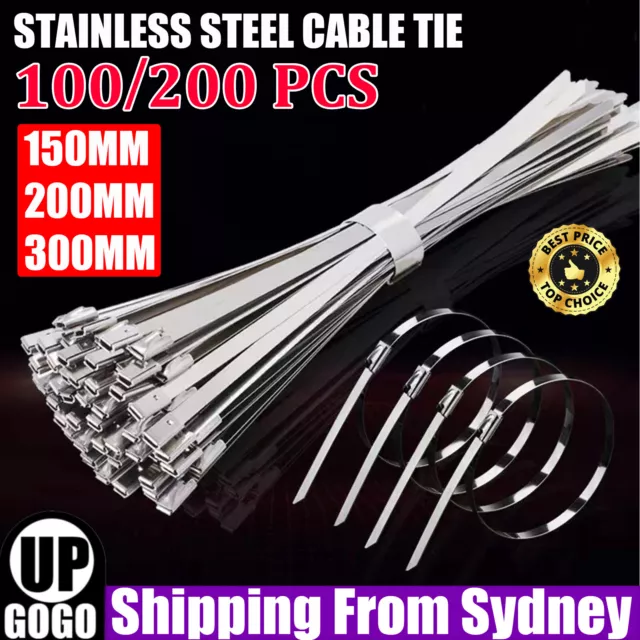 UP 200X Stainless Steel Cable Self Locking Ties SS304 Zip Strap Wrap 150mm-300mm