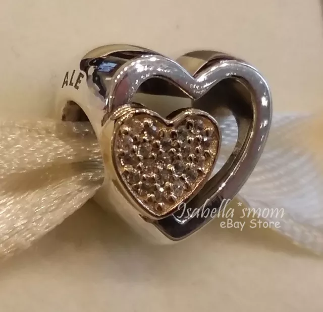 JOINED TOGETHER Genuine PANDORA Silver/14K GOLD Valentine HEARTS Charm 791806CZ