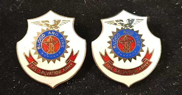 Pair of Vintage Enamel Salvation Army Eagle USA Blood And Fire Pin Pinback Badge