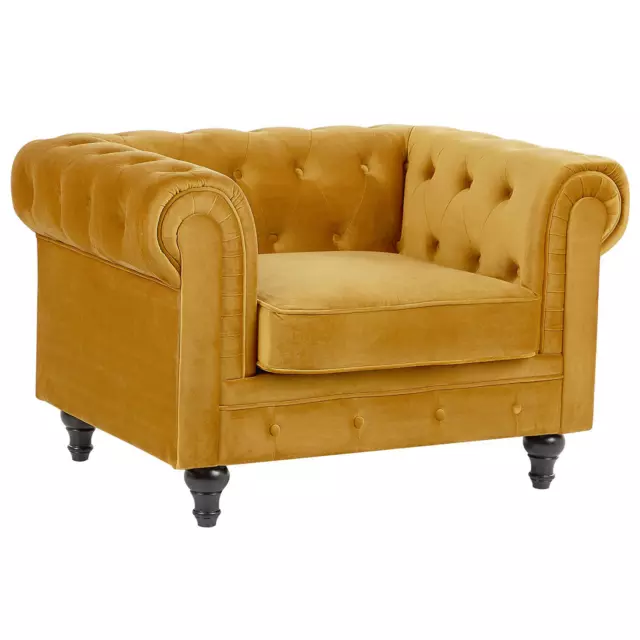 Fauteuil en Velours Jaune Dossier à Points Diamant Style Classique Chesterfield