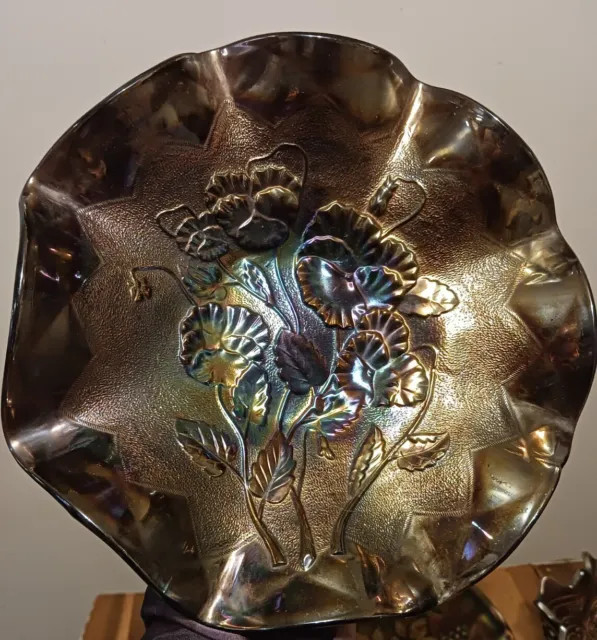Vtg Antique Imperial Black Amethyst Carnival Glass Pansy Flower 9" Ruffled Bowl